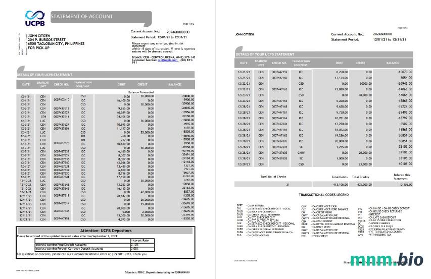 Filipiny ucpb wyciąg z rachunku bankowego szablon w formacie Word i PDF